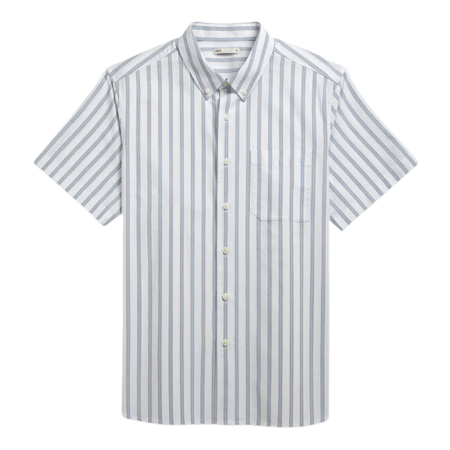 Fulton Short Sleeve Stripe Oxford Shirt - Bright White & Blue