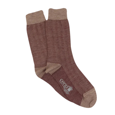 Wool Herringbone Sock - Stone & Port