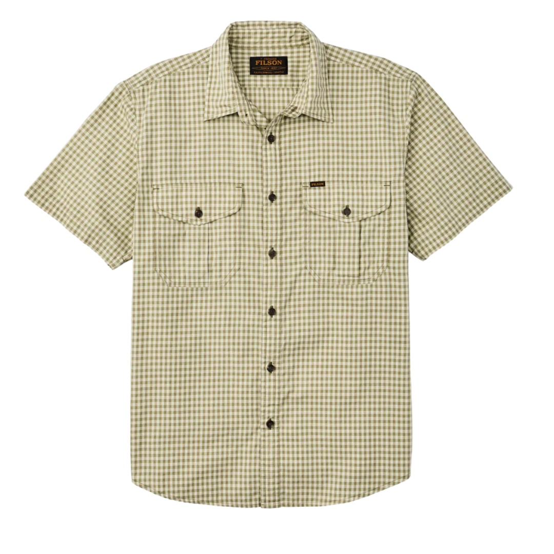 Washed Short Sleeve Feather Cloth Shirt - Green Ivory Gingham