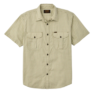 Washed Short Sleeve Feather Cloth Shirt - Green Ivory Gingham
