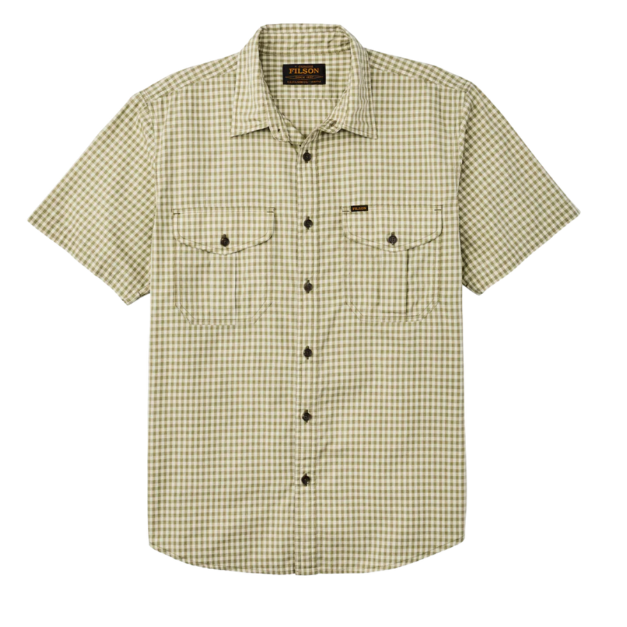 Washed Short Sleeve Feather Cloth Shirt - Green Ivory Gingham