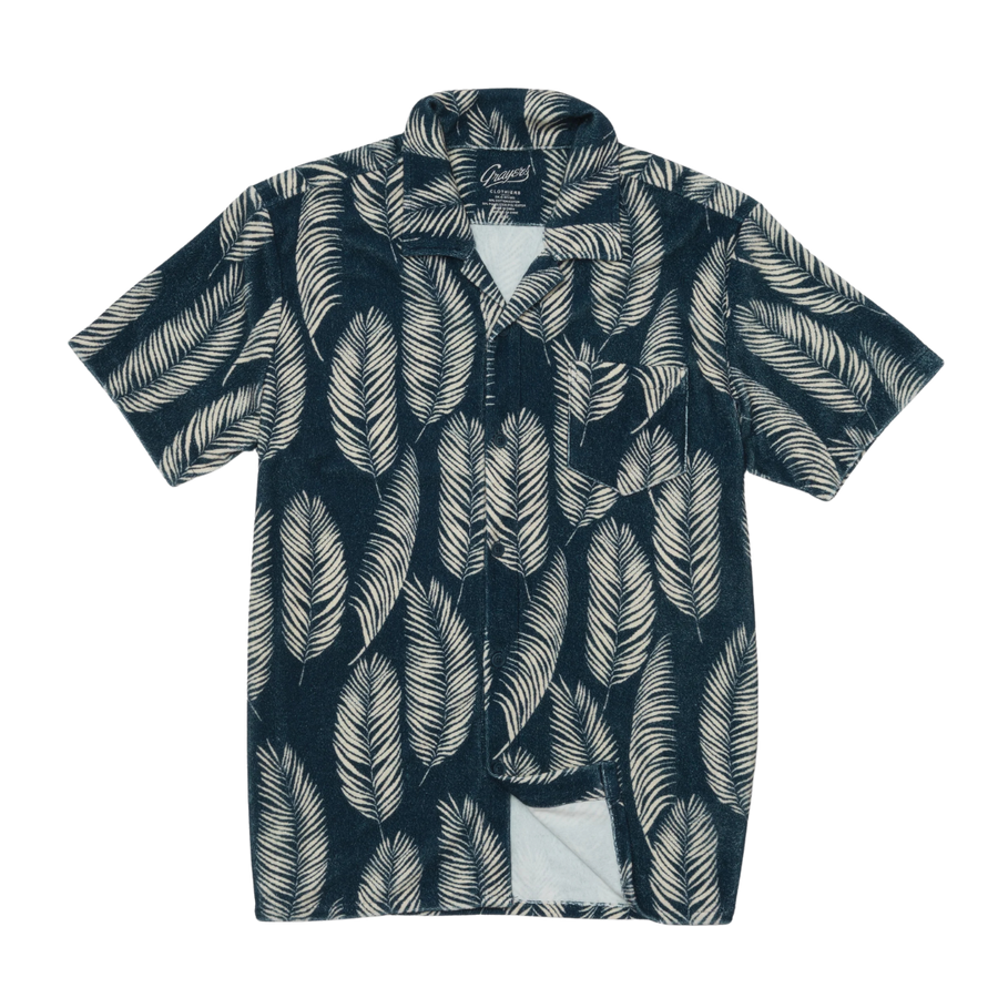 Riviera Terry Button Front Print Shirt - Navy Leaf