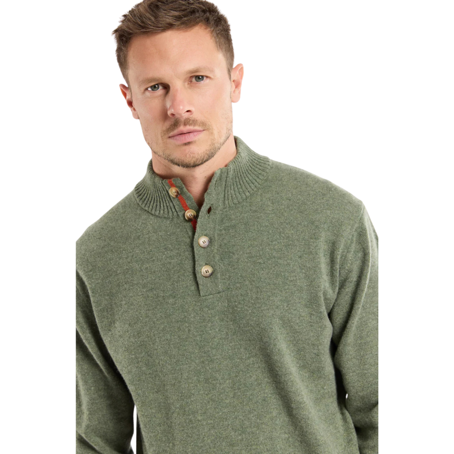 Button Neck Sweater - Moss Green & Paprika