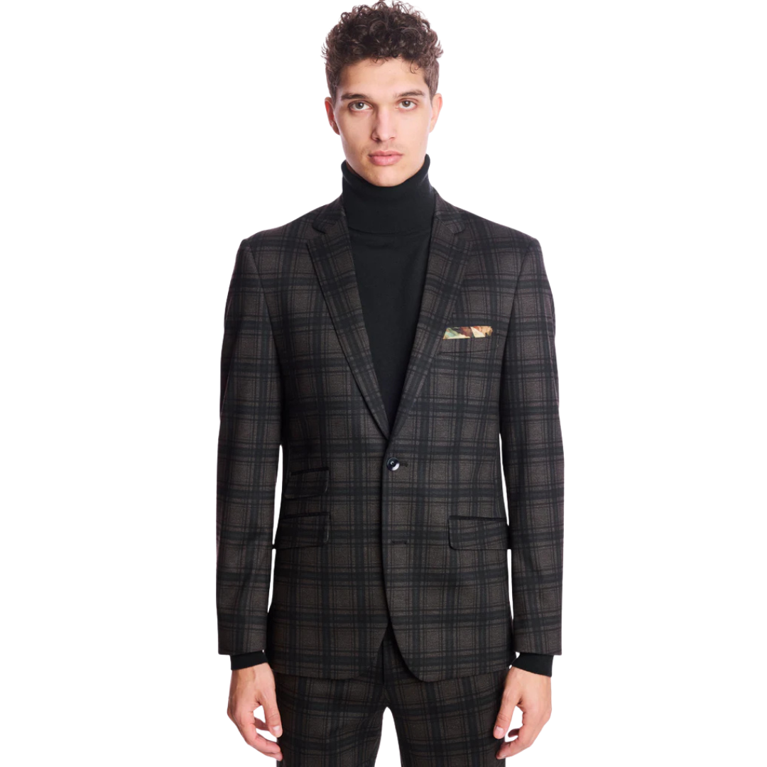 Dover Slim Notch Jacket - Green Charcoal Plaid