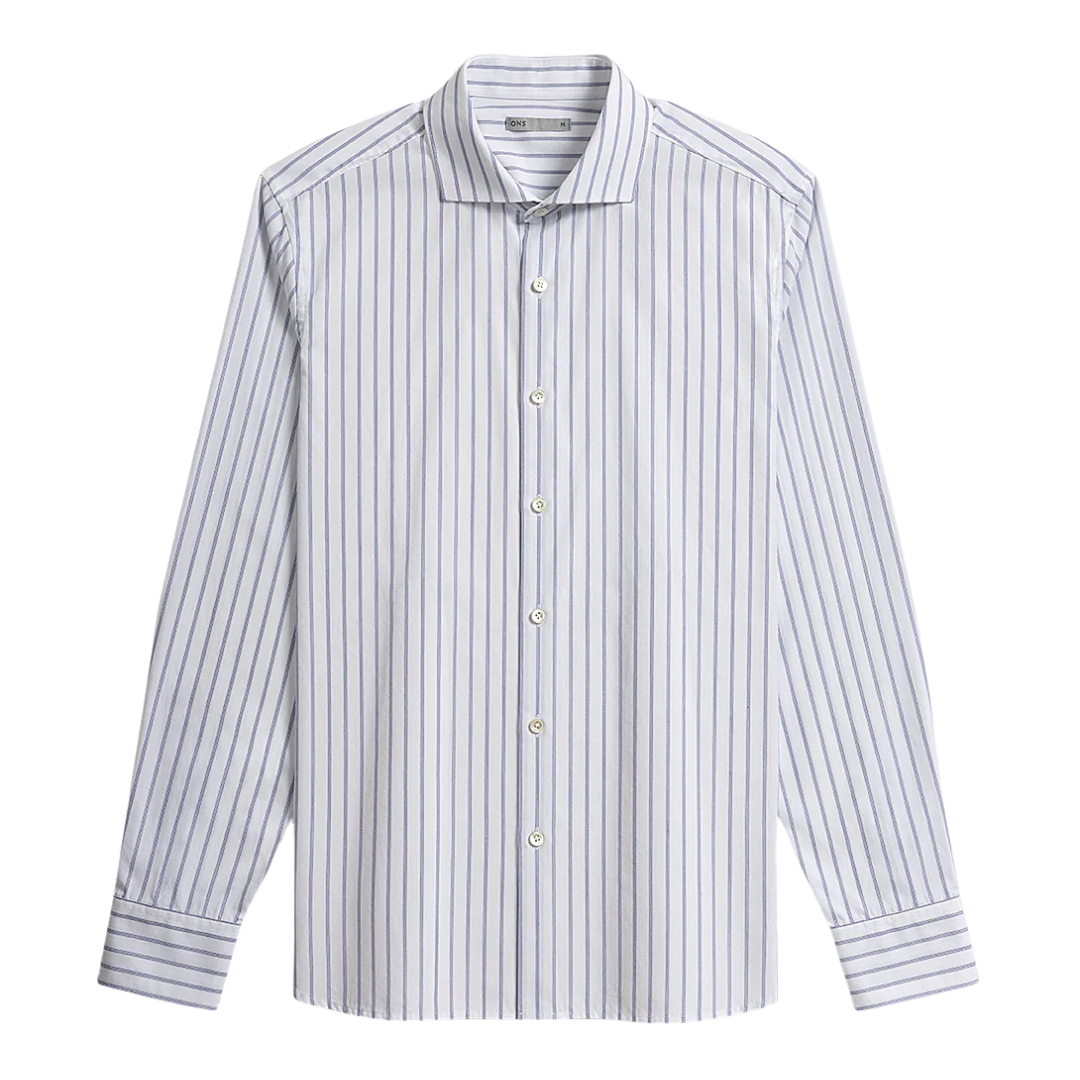 Arthur Track Stripe Shirt - Bright White & Mid Blue