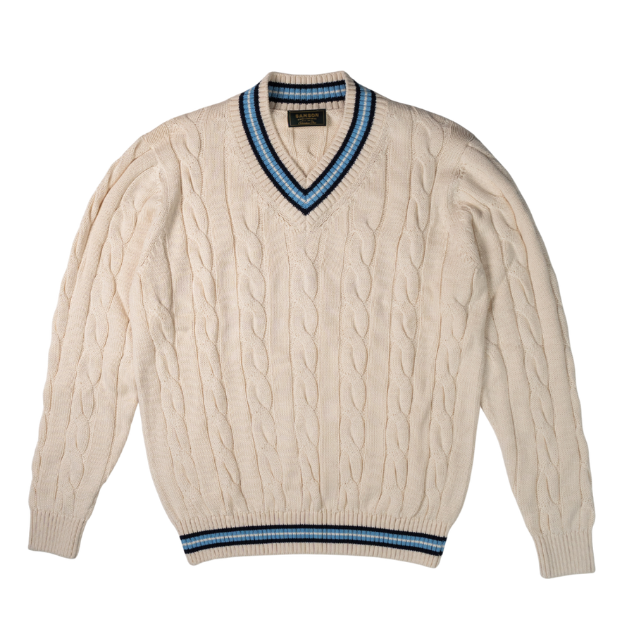 "The Robert" Cricket Sweater - Cream w/ Navy & Powder Blue