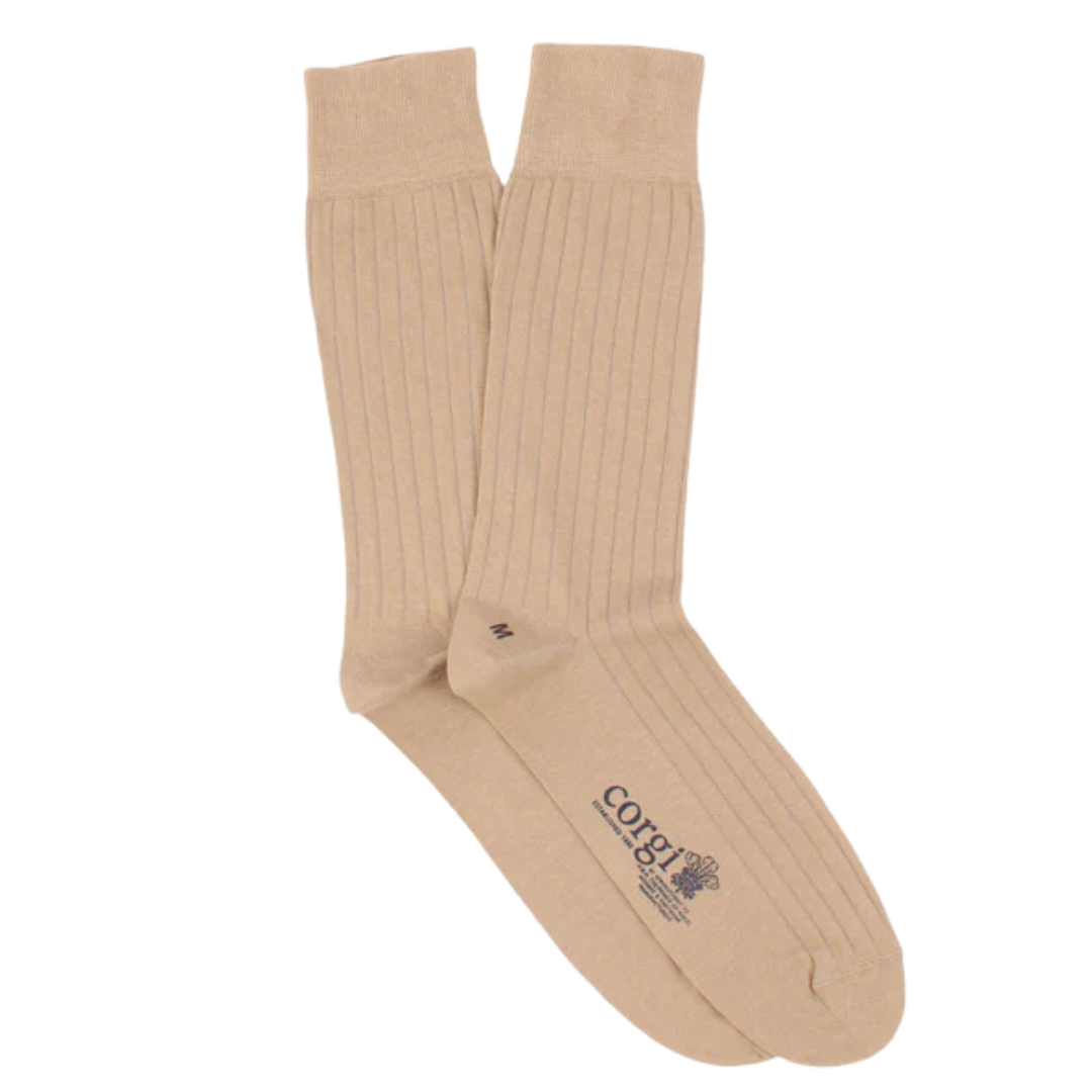 Plain Ribbed Mercerised Cotton Socks - Beige
