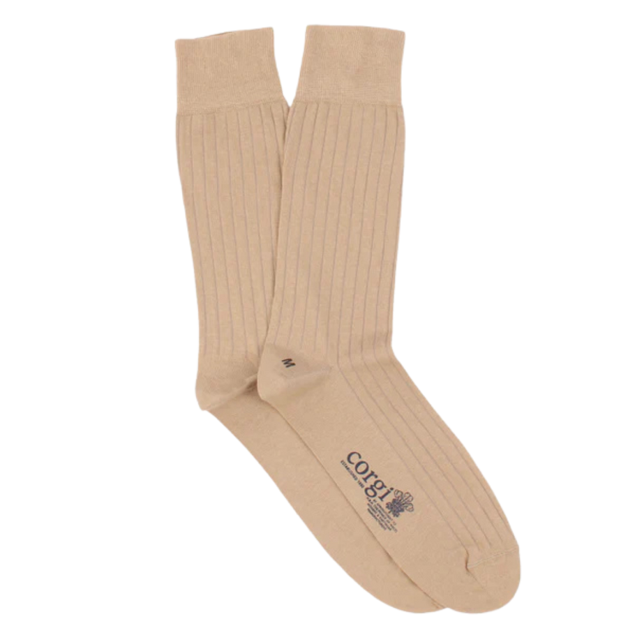 Plain Ribbed Mercerised Cotton Socks - Beige