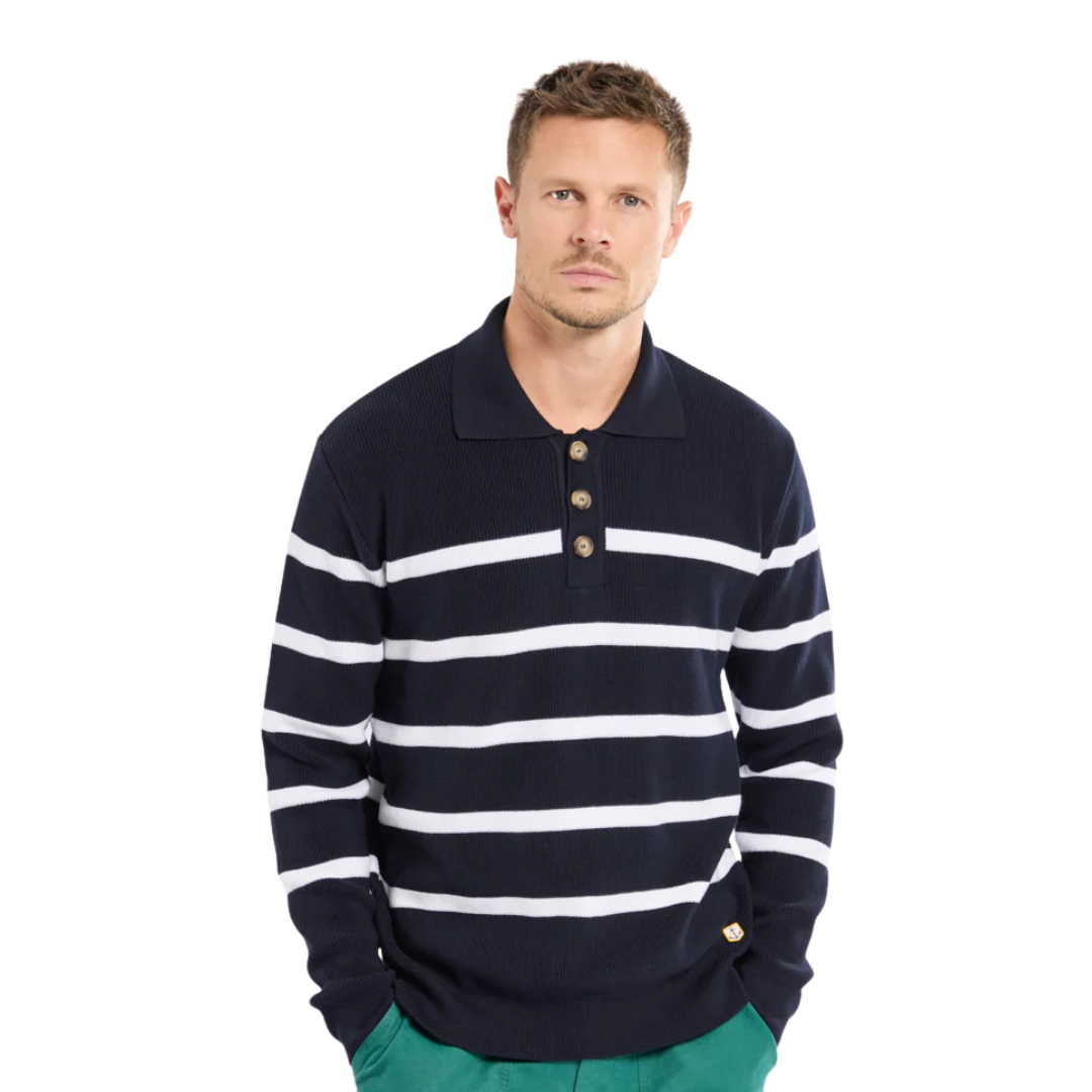 Heritage Polo Collar Striped Sweater - Navy & White