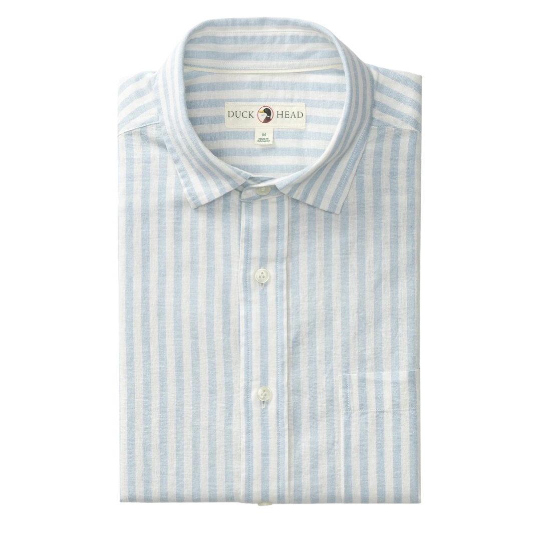 Short Sleeve Linen Cotton Oxford Sport Shirt - Baxter Sky Blue Stripe