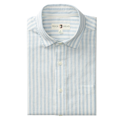 Short Sleeve Linen Cotton Oxford Sport Shirt - Baxter Sky Blue Stripe