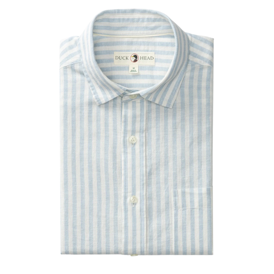 Short Sleeve Linen Cotton Oxford Sport Shirt - Baxter Sky Blue Stripe