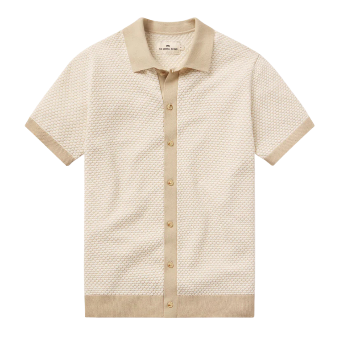 Robles Knit Jacquard Button Up - Ivory & Khaki