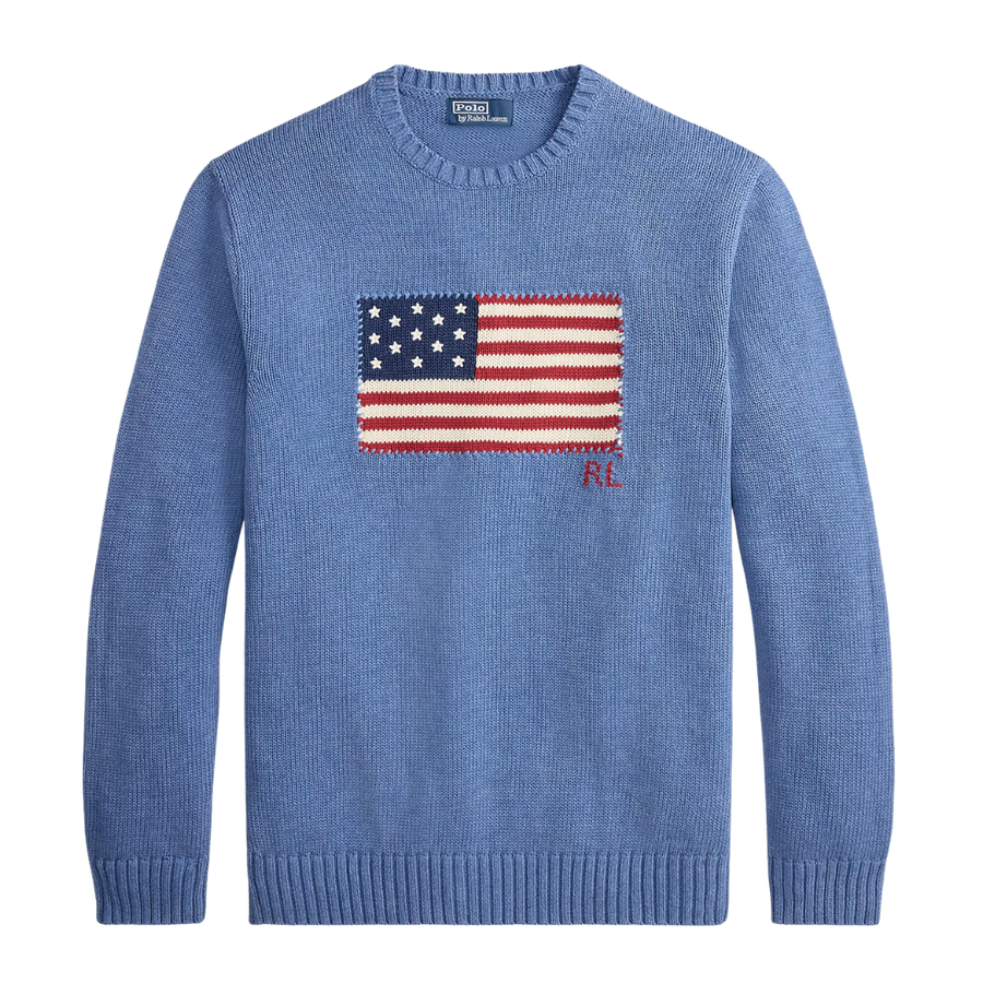 RL Iconic American Flag Sweater - Blue Borage Heather