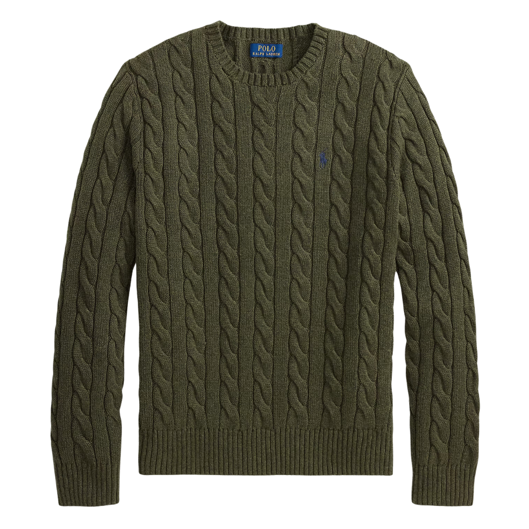 Cotton Cable-Knit Sweater - Olive Shrub Heather