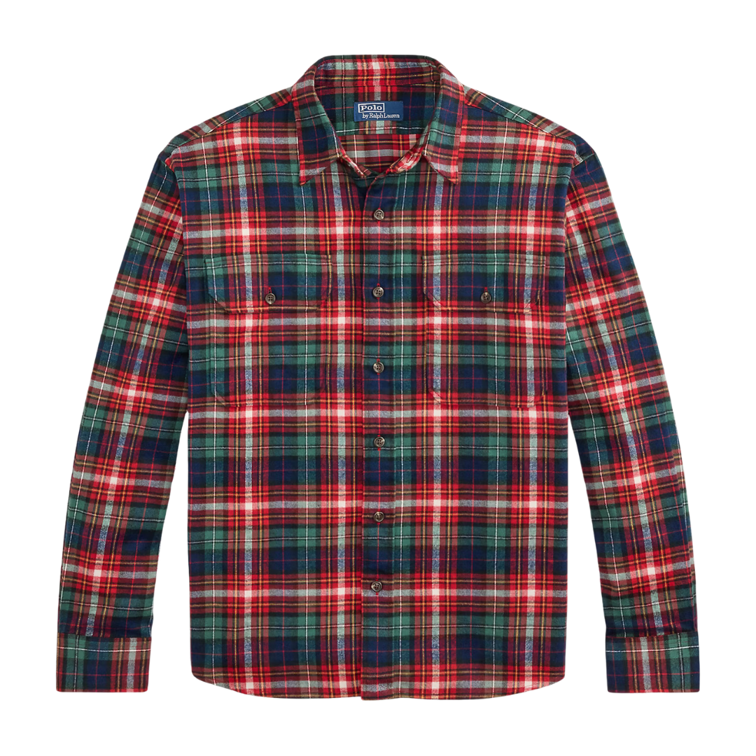 Classic Fit Plaid Flannel Workshirt - Navy & Red