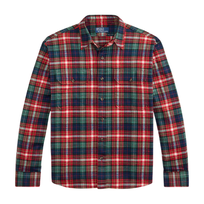 Classic Fit Plaid Flannel Workshirt - Navy & Red