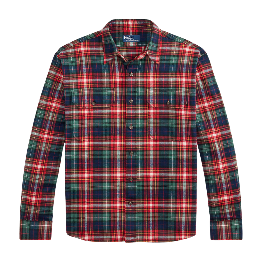 Classic Fit Plaid Flannel Workshirt - Navy & Red