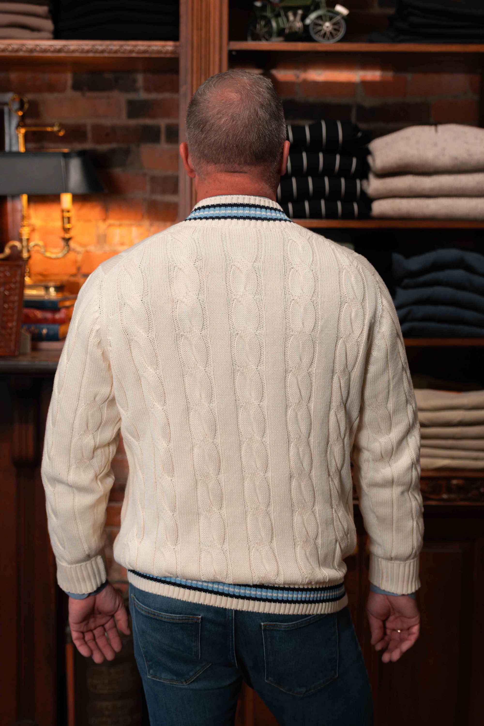 "The Robert" Cricket Sweater - Cream w/ Navy & Powder Blue