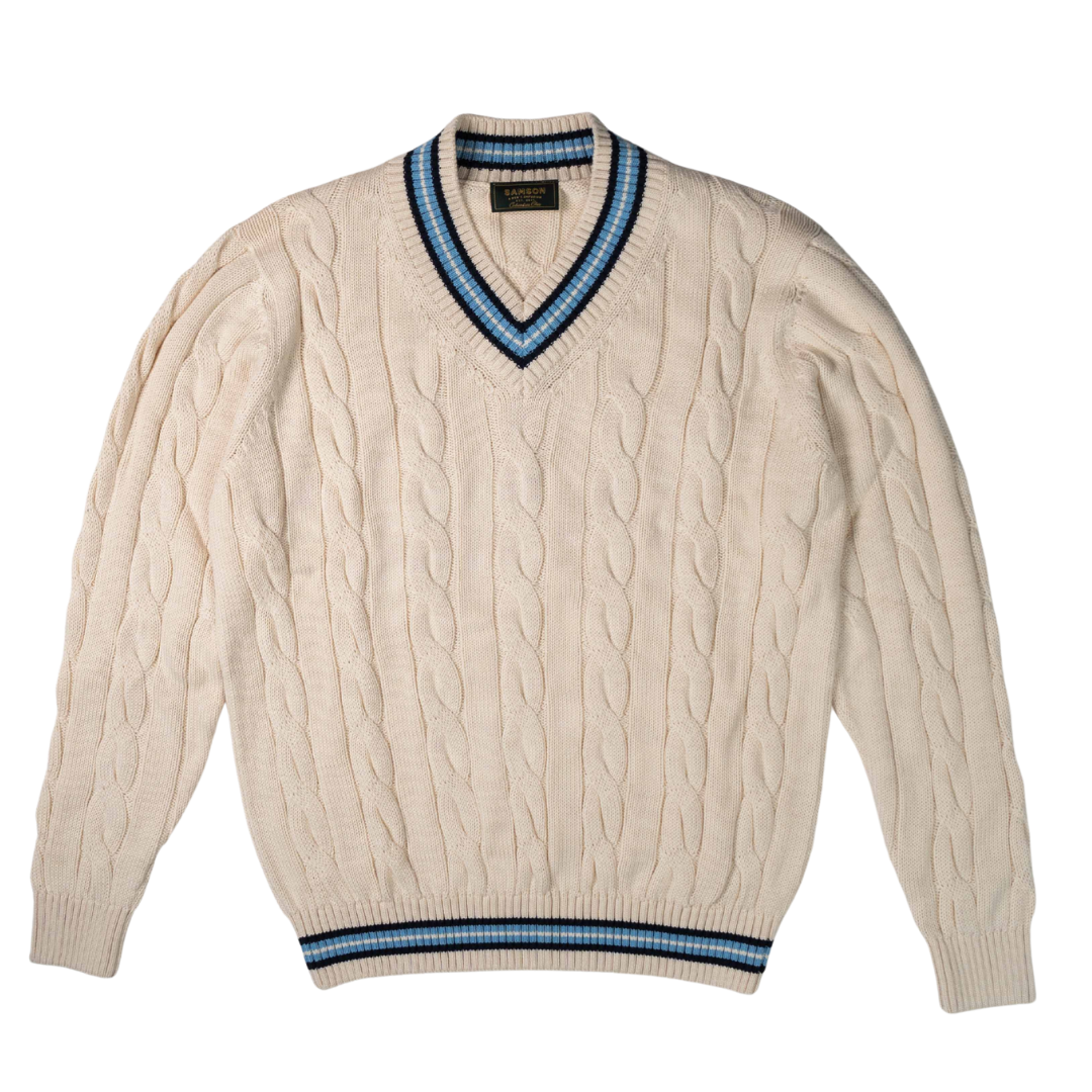 "The Robert" Cricket Sweater - Cream w/ Navy & Powder Blue