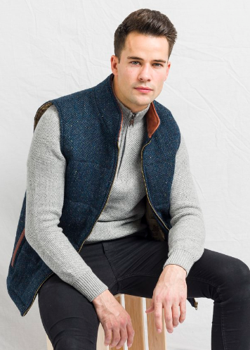 Irish Tweed Gilet Vest w/ Leather Trim - Blue