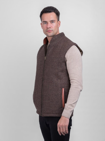 Irish Tweed Gilet Vest w/ Leather Trim - Barleycorn Brown