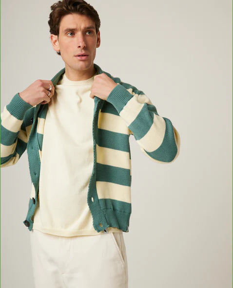 Richmond Striped Cardigan Sweater - Lovat & Cream