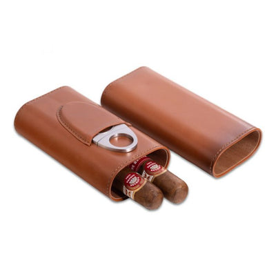 Leather 2 Cigar Carrying Case w/ Cutter - Saddle Tan