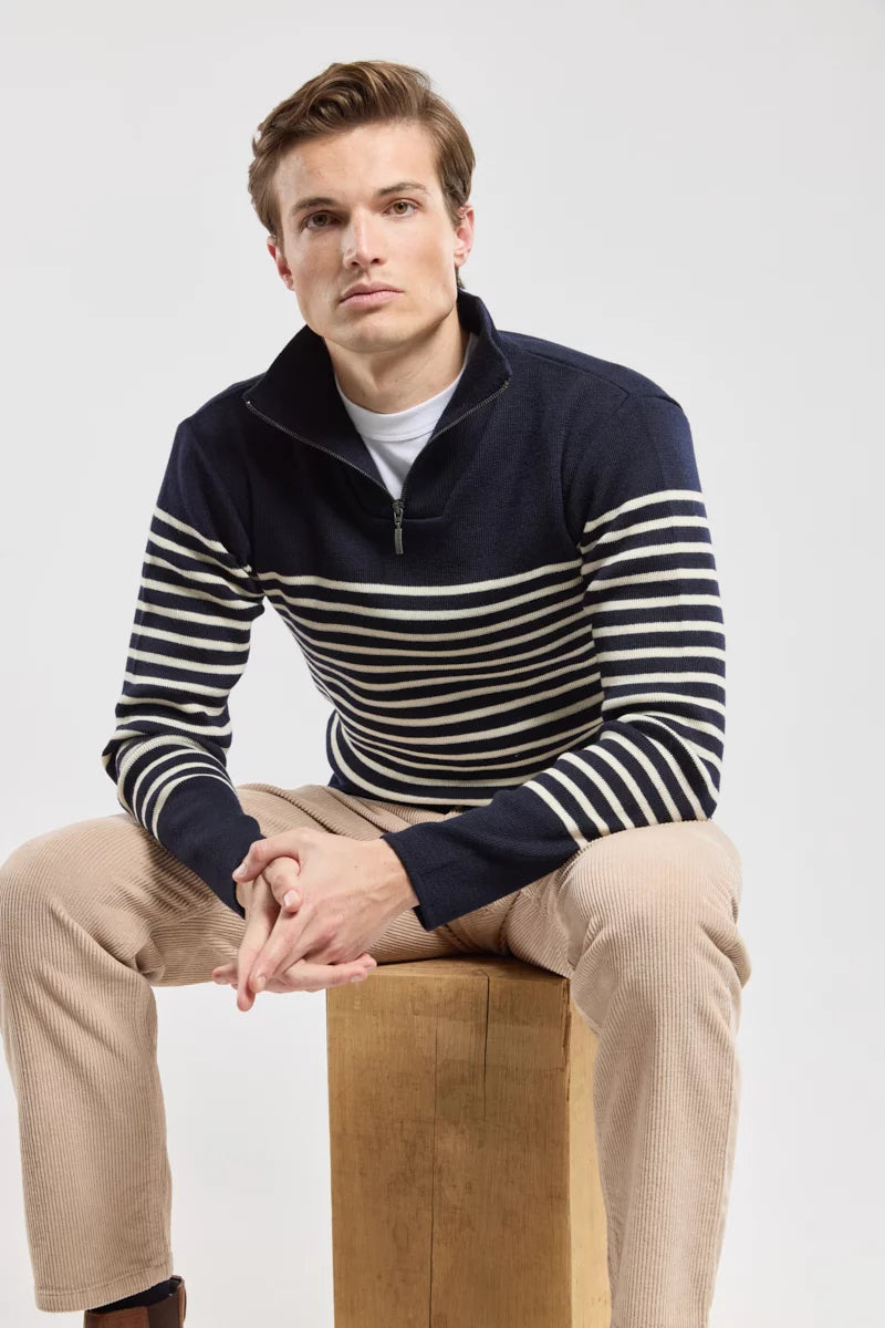 Heritage Quarter Zip - Navy w/ Sandstone Stripe