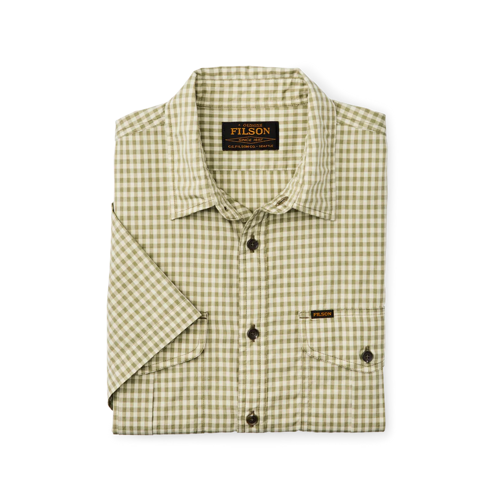 Washed Short Sleeve Feather Cloth Shirt - Green Ivory Gingham