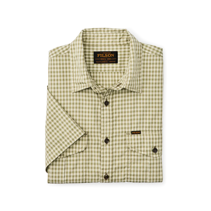Washed Short Sleeve Feather Cloth Shirt - Green Ivory Gingham