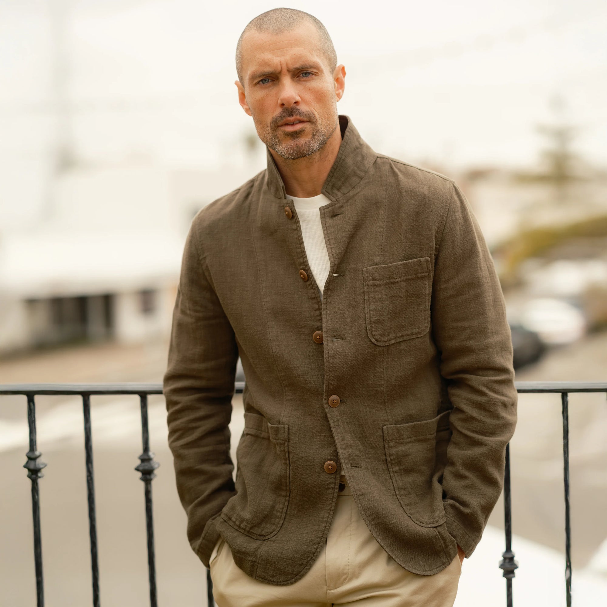 Nelson Ramie Stand Up Collar Blazer - Dark Olive