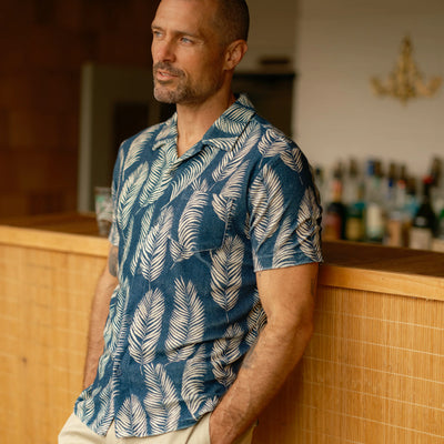 Riviera Terry Button Front Print Shirt - Navy Leaf