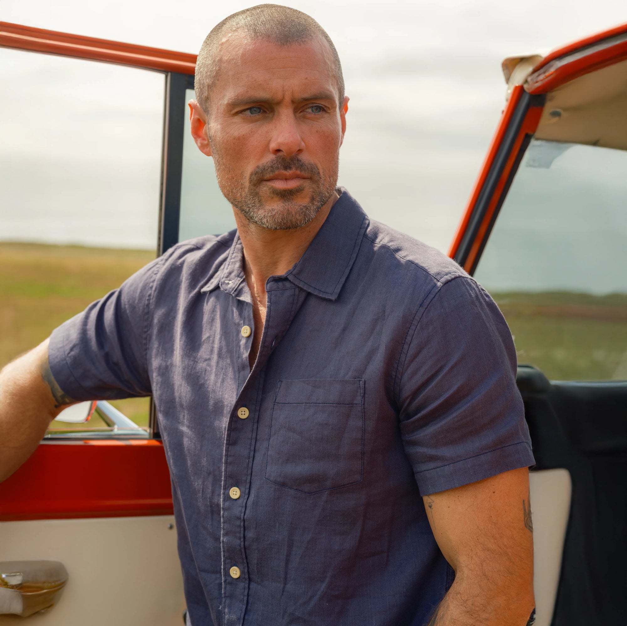 Amalfi Textured Hemp Linen Cotton Short Sleeve - Blue Steel