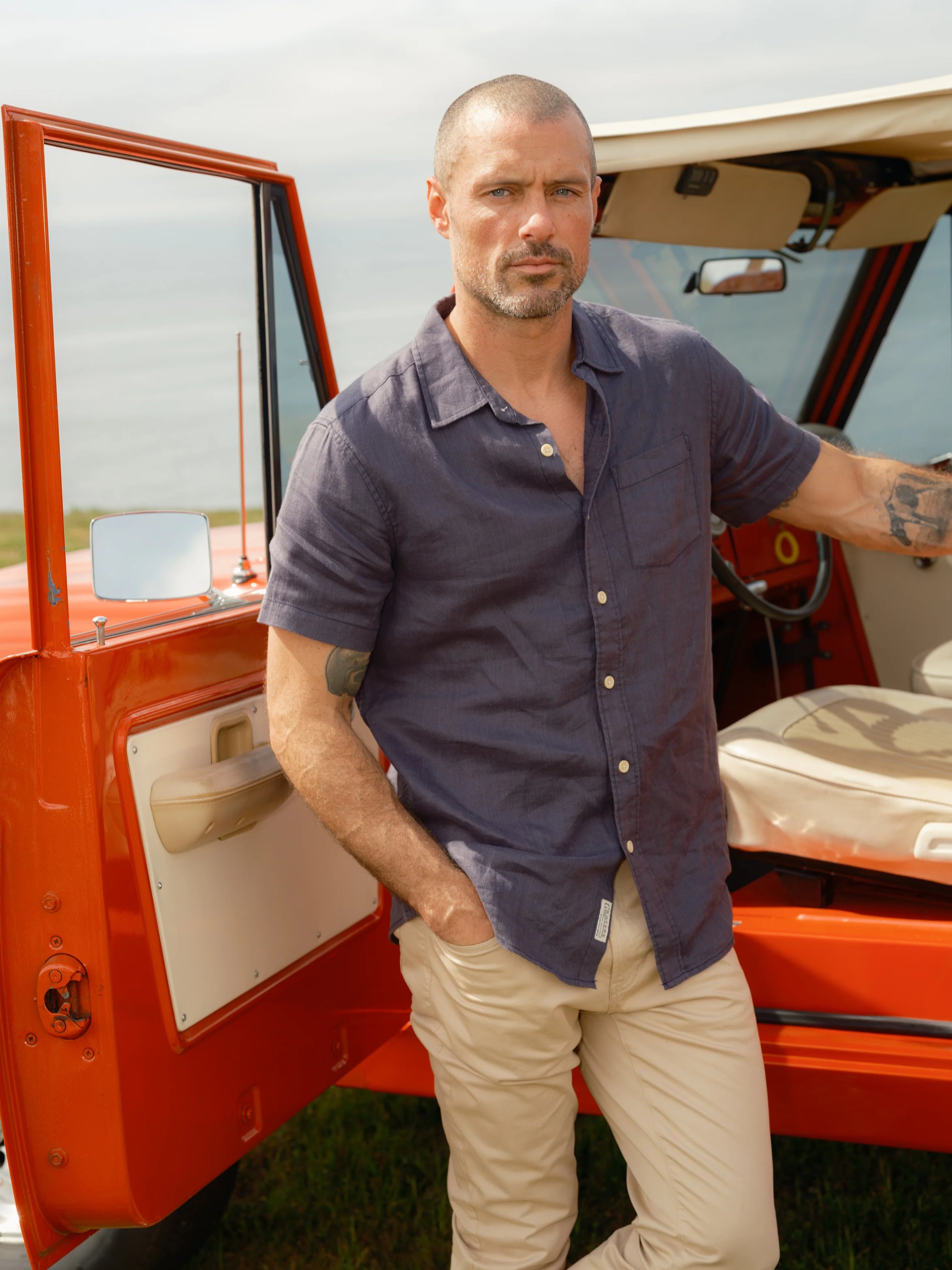 Amalfi Textured Hemp Linen Cotton Short Sleeve - Blue Steel