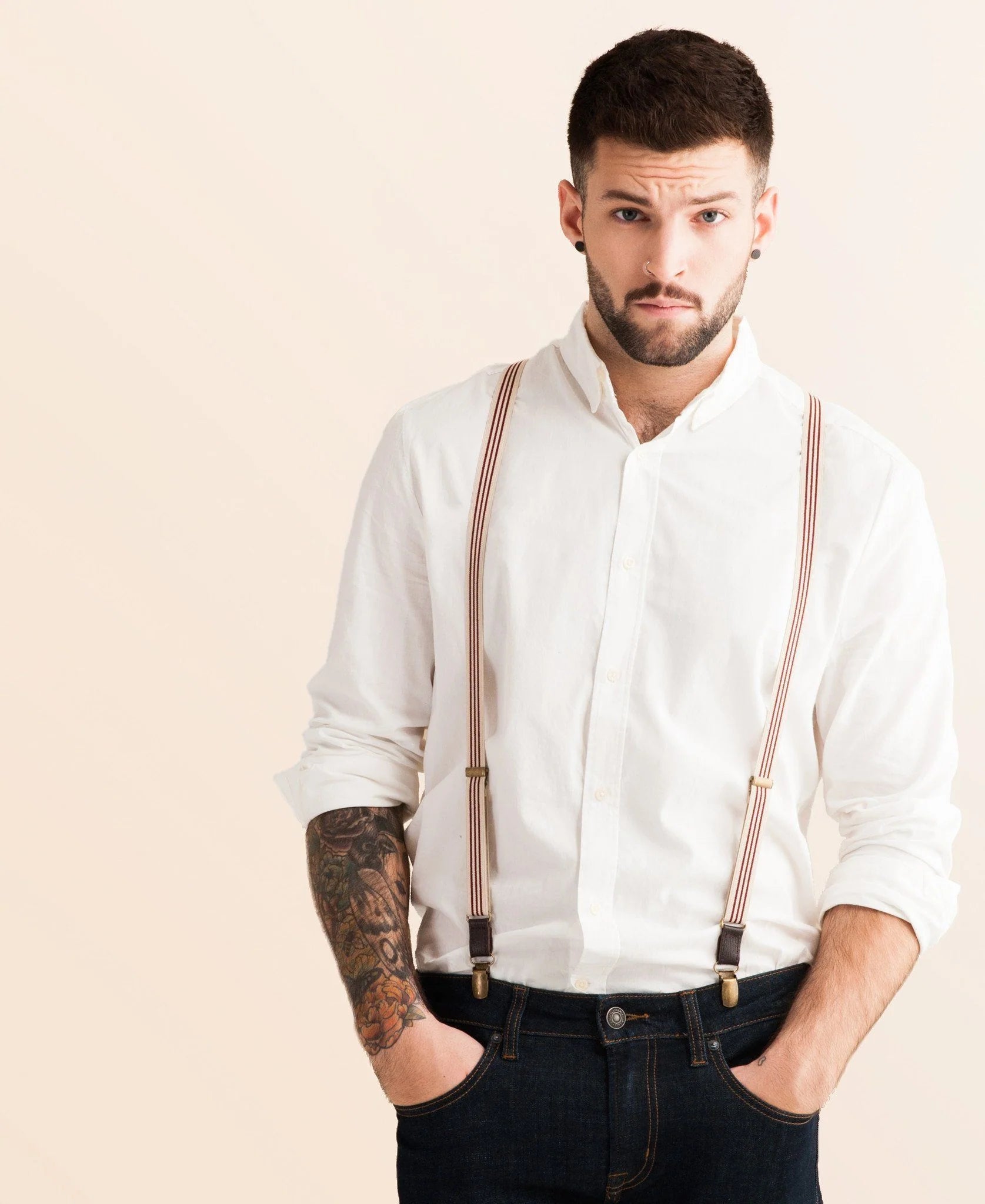 Skinny Suspenders - Sand & Fire (Burgundy & Khaki)