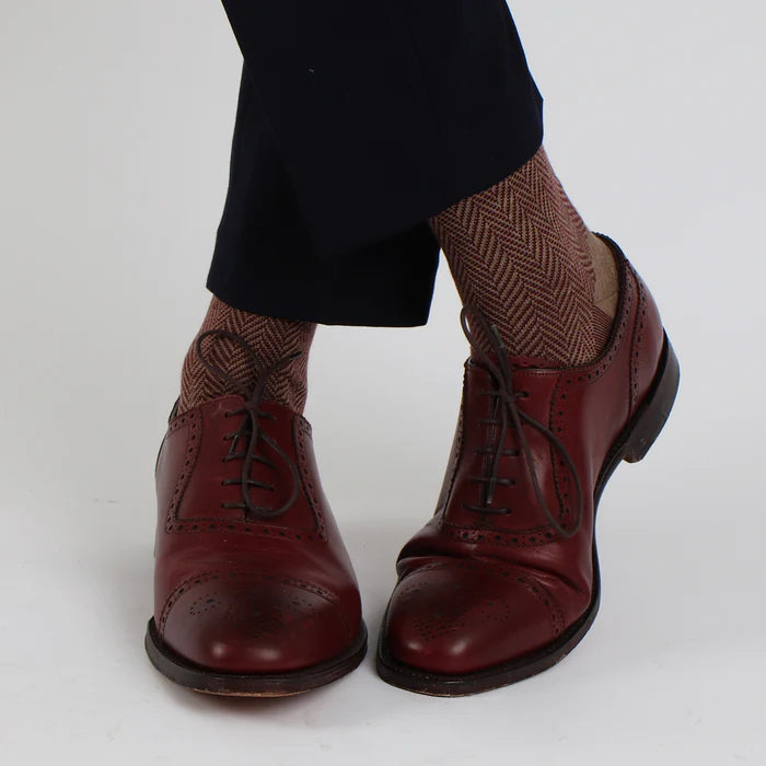 Wool Herringbone Sock - Stone & Port