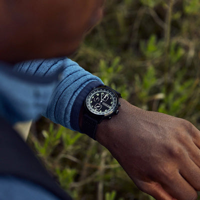 Overland Solar Chronograph - PVD_Black Dial_Black Recycled Strap