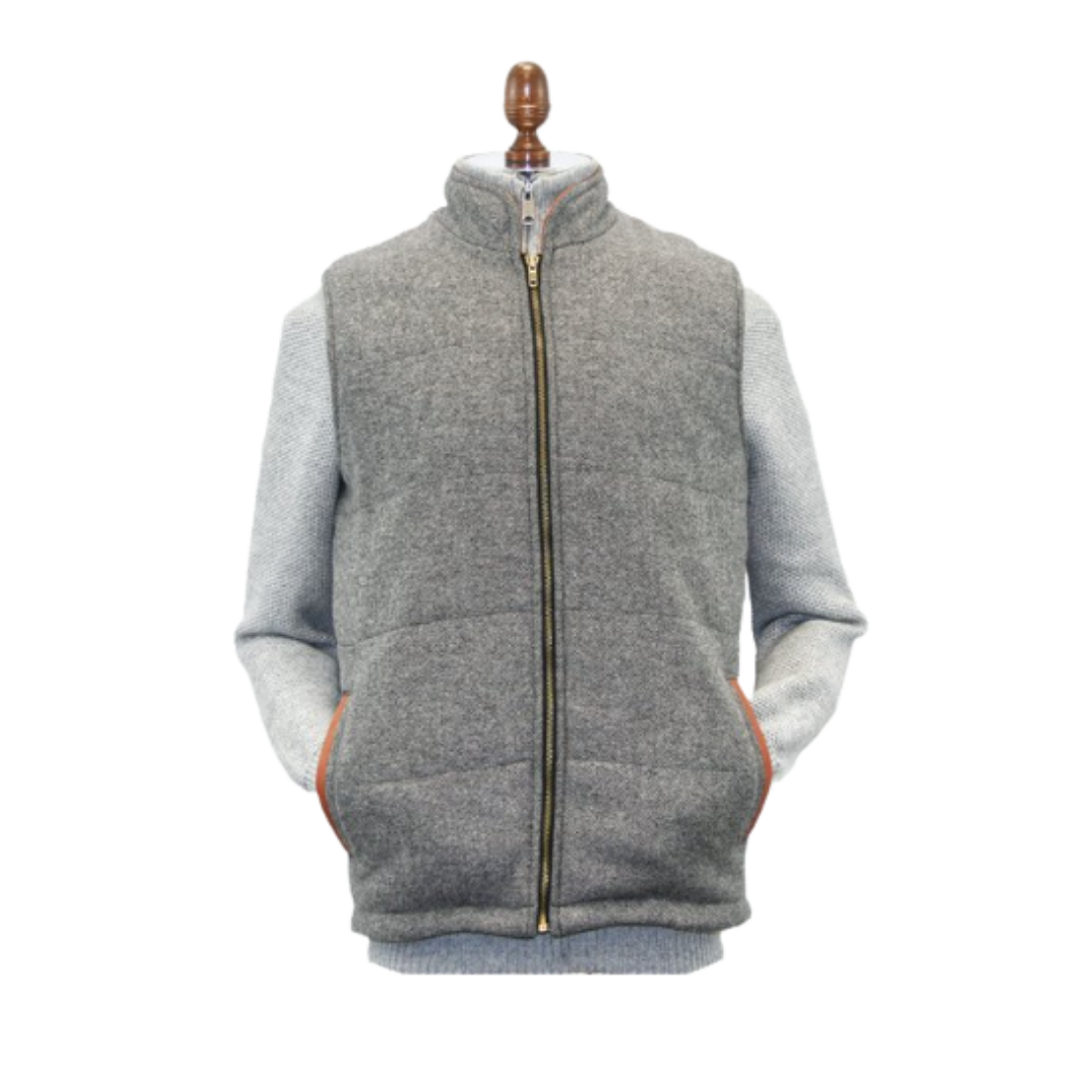 Irish Tweed Gilet Vest w/ Leather Trim - Light Grey