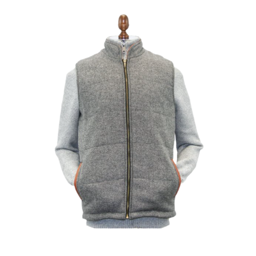 Irish Tweed Gilet Vest w/ Leather Trim - Light Grey
