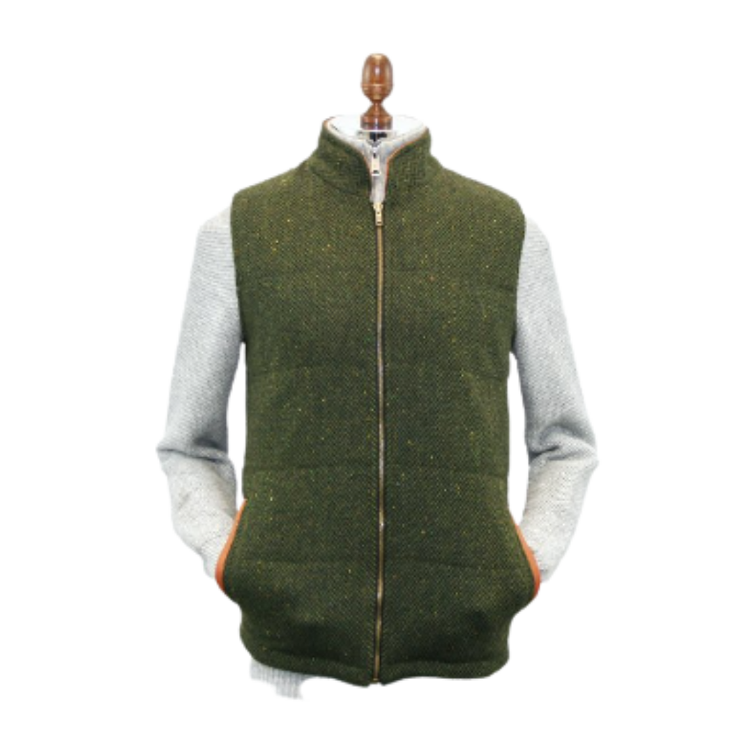 Irish Tweed Gilet Vest w/ Leather Trim - Green