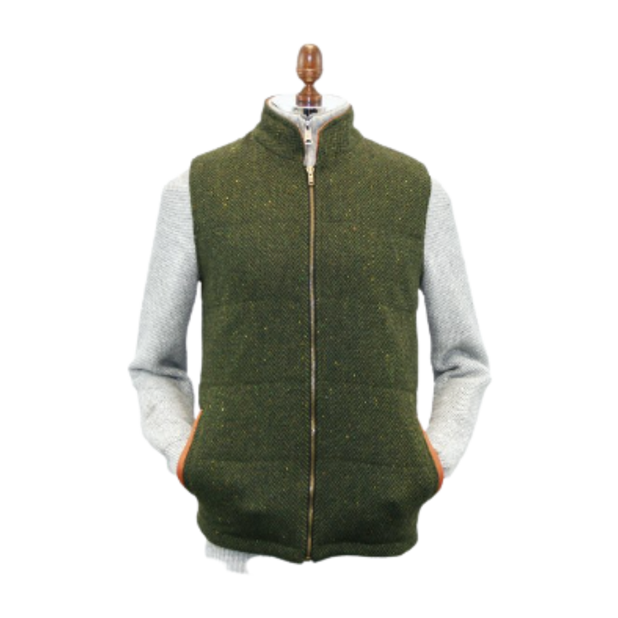 Irish Tweed Gilet Vest w/ Leather Trim - Green