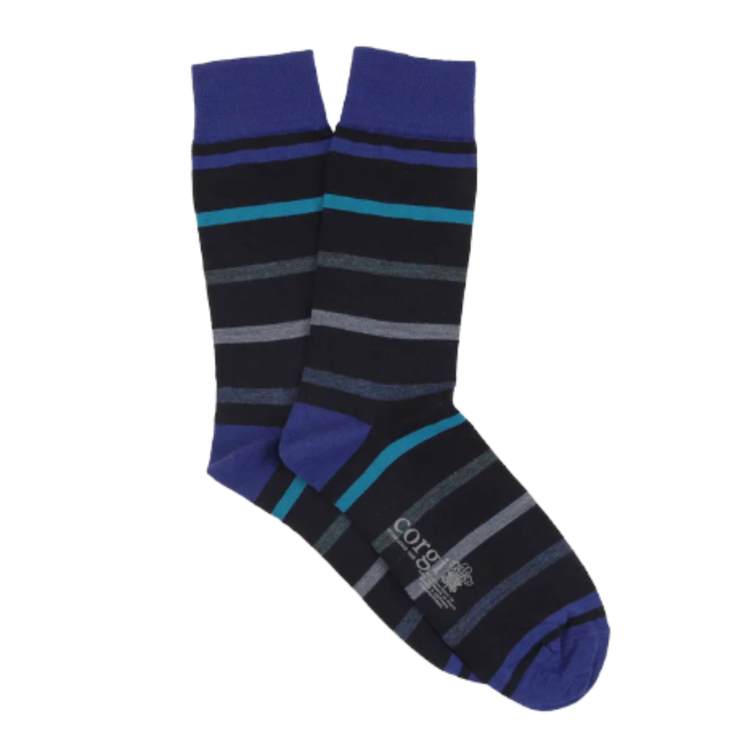 Archie Stripe Merino Wool Socks - Blue