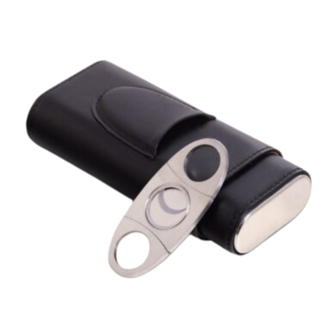 Leather 2 Cigar Carrying Case w/ Cutter - Black