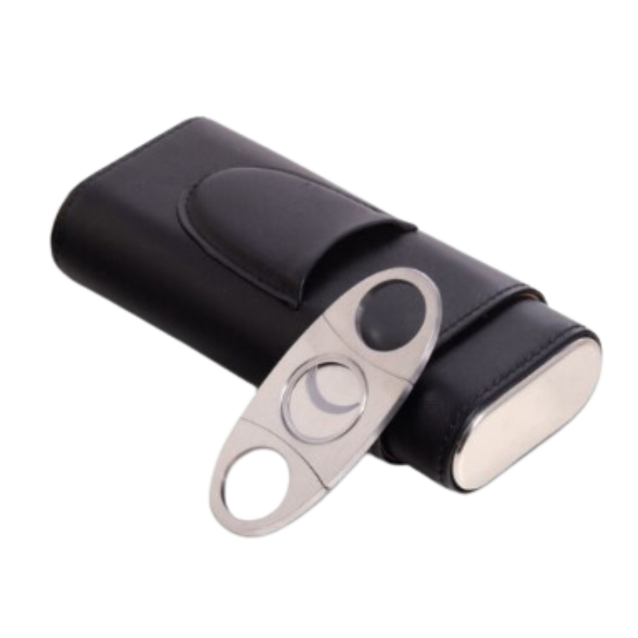 Leather 2 Cigar Carrying Case w/ Cutter - Black