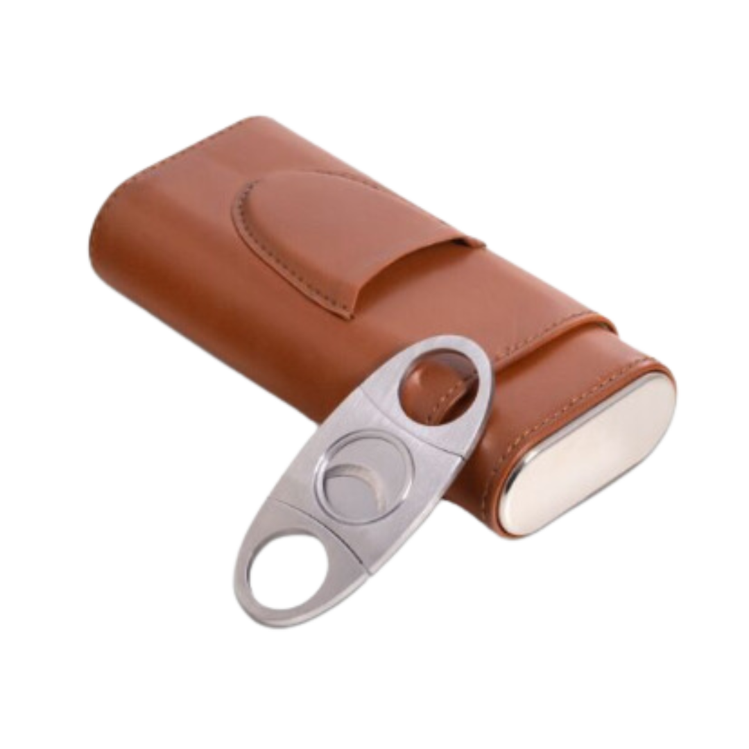 Leather 2 Cigar Carrying Case w/ Cutter - Saddle Tan