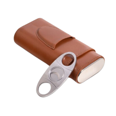 Leather 2 Cigar Carrying Case w/ Cutter - Saddle Tan