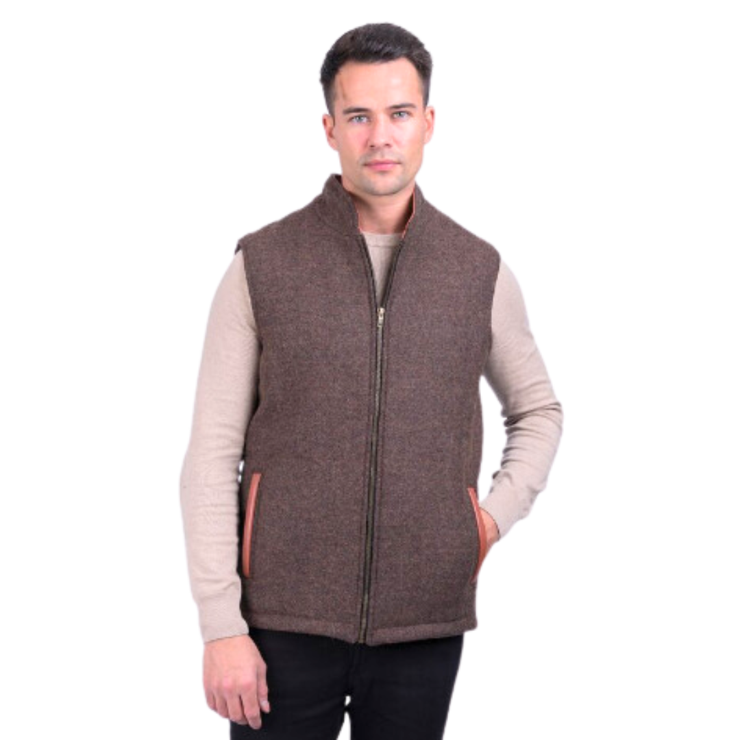 Irish Tweed Gilet Vest w/ Leather Trim - Barleycorn Brown