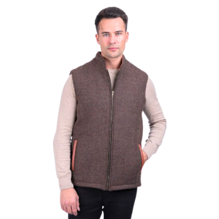 Irish Tweed Gilet Vest w/ Leather Trim - Barleycorn Brown