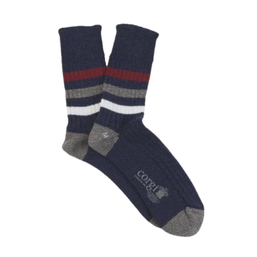 Pure Cotton Striped Sports Socks - Navy